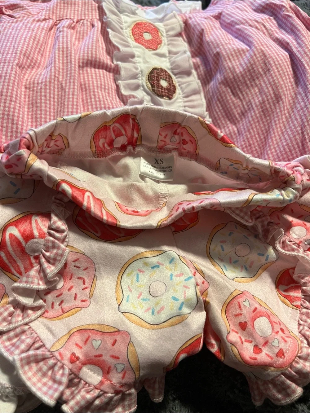 Girls Pink Gingham Donut Applique Top & Donut-Print Shorts Set